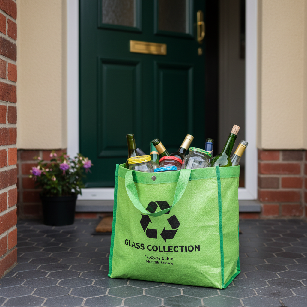 Monthly Glass Collection Dun Laoghaire: Skip the Bottle Bank in Dublin: doorstep glass recycling collection with green GlassBag collection bag