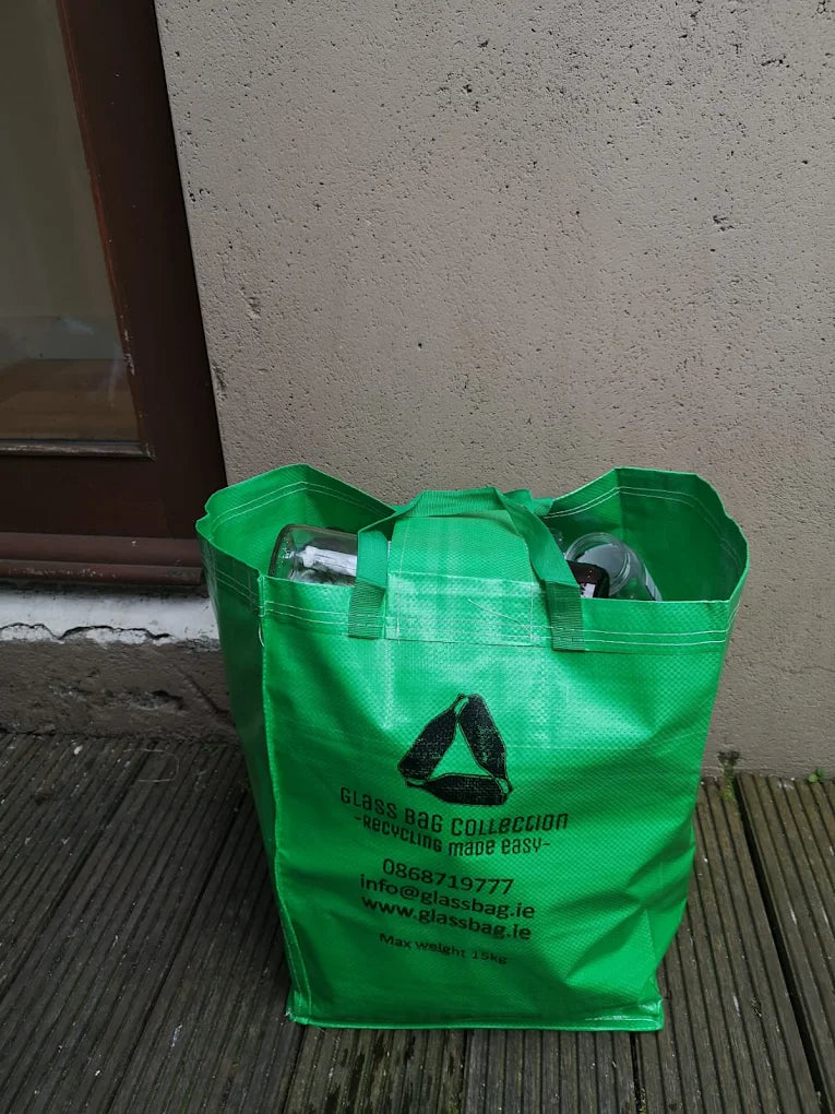 A GlassBag left out on a doorstep in Dublin ready for its monthly glass collection.